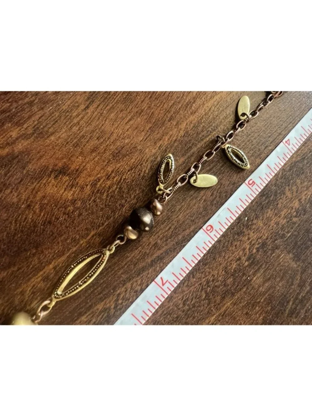 Vintage Coldwater Creek Necklace Wood Bead Brass Filigree Leaf Charm